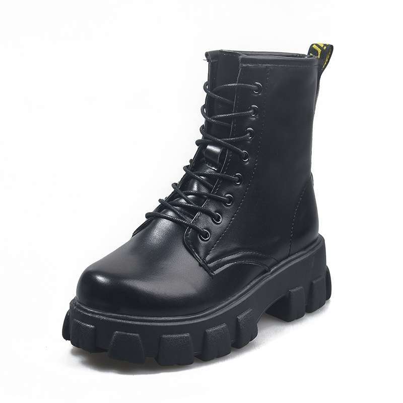 Sepatu Ankle Boots Wanita Cewek Import Korea Bot Martin Kulit Paten Tali Karet Murah Hitam Big Size Korean Style Black Platform Booties