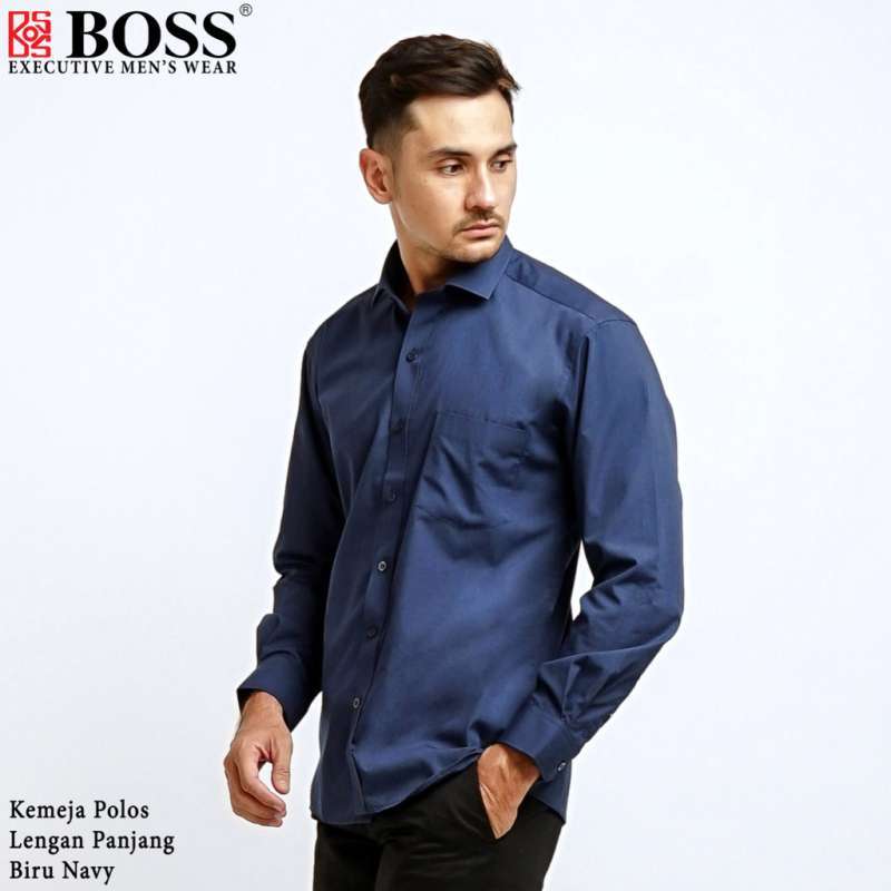 Kemeja Formal Pria BOSS Kemeja Polos Pria Lengan Panjang Biru Navy