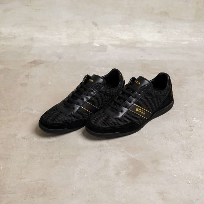 Jual HUGO BOSS Saturn Big Text Gold Sneakers in Black di Seller