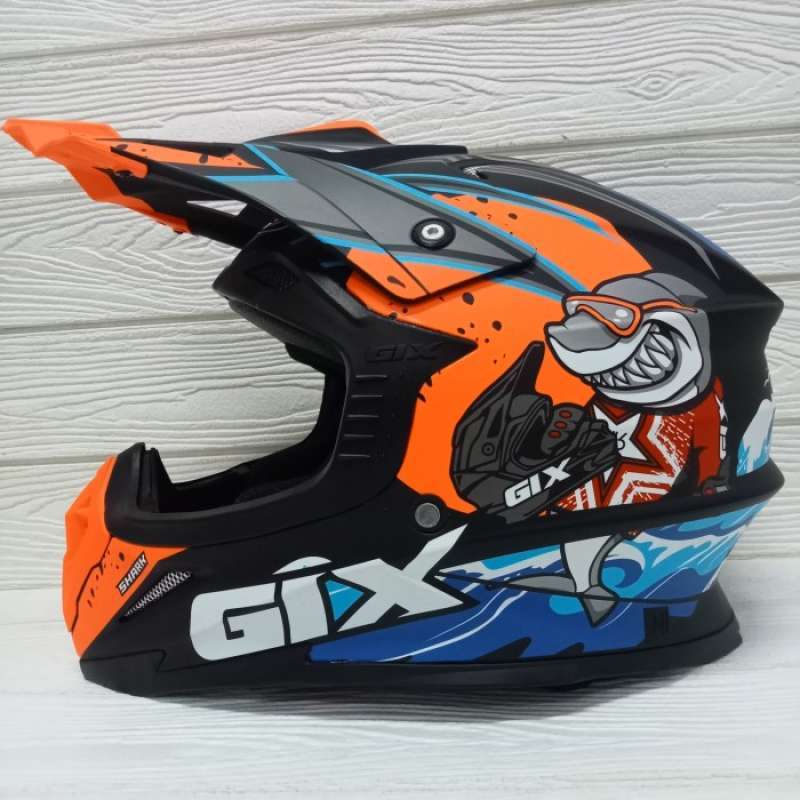 Promo Helm Cross Gix Cross Motif Shark Black Orange Doff Stabilo