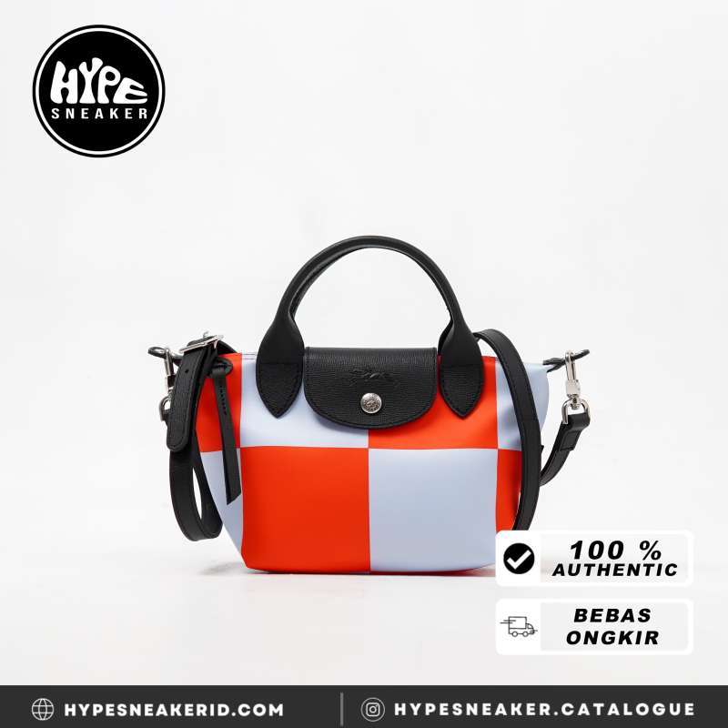 Jual Tas LONGCHAMP LA PLIAGE CHECK RED BABY BLUE TOTE BAG WITH