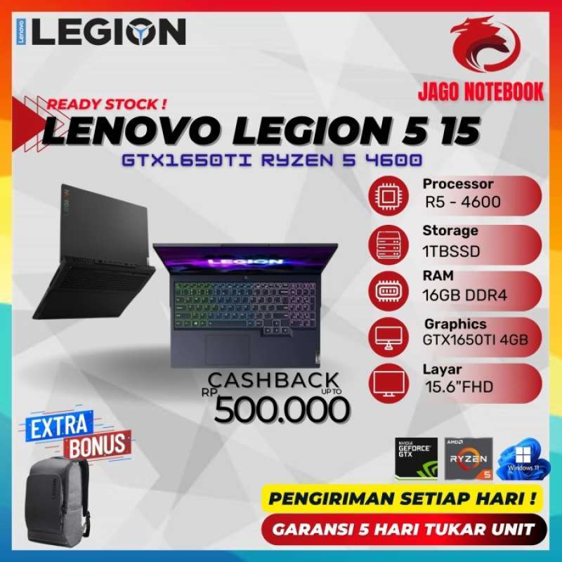 Lenovo Legion 5 15 GTX1650TI 4GB Ryzen 5 4600 16GB 1TBSSD W10 15.6FHD