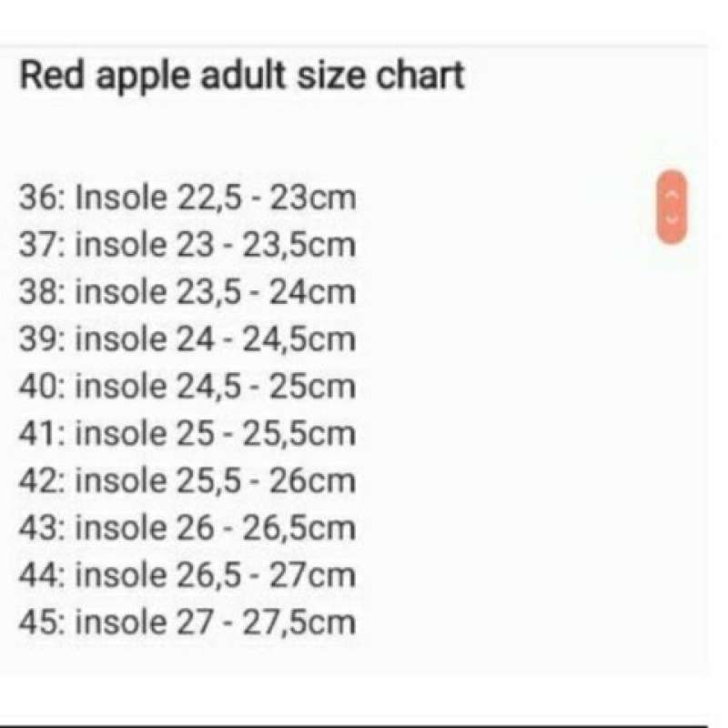 Size chart discount sandal red apple