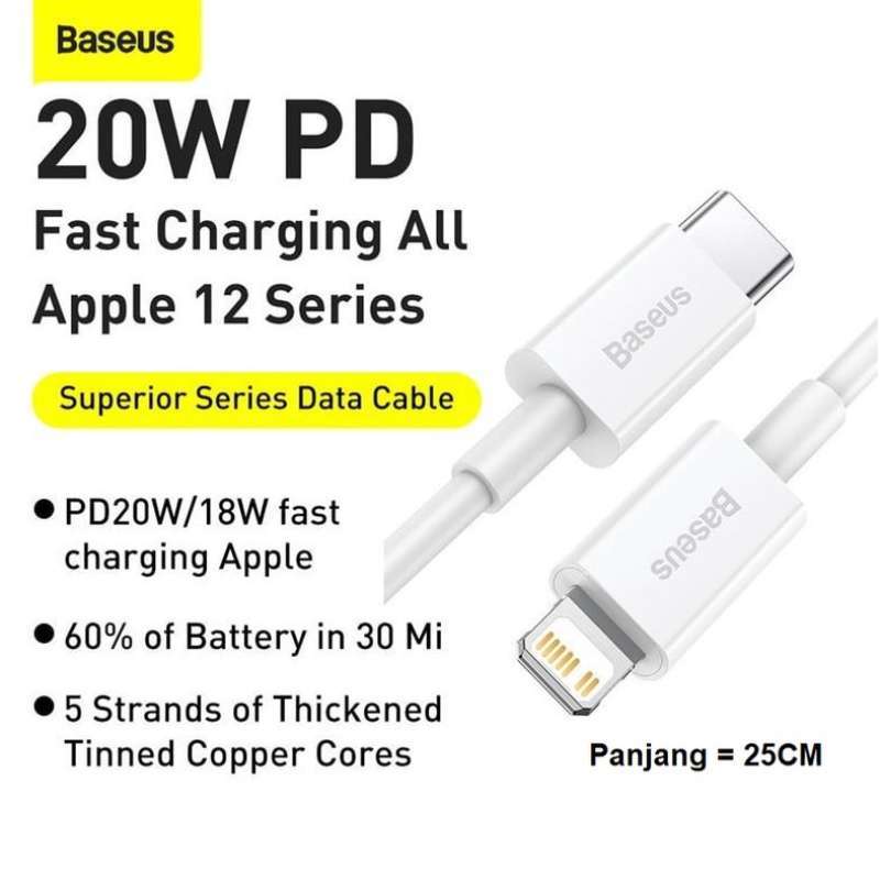 Baseus Original Superior Kabel Data Type C to Lightning 20W 25CM Iphone 11  12 Powerbank Cable Pendek Charger Casan Ori