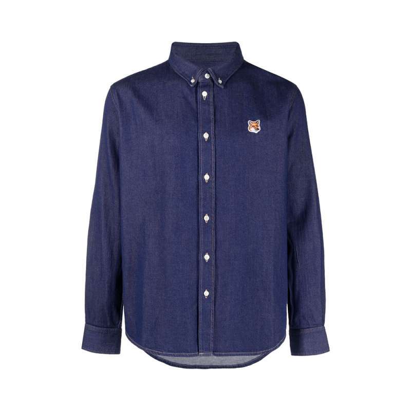 Promo Maison Kitsune Fox Head Patch Casual Shirt Indigo Diskon 34