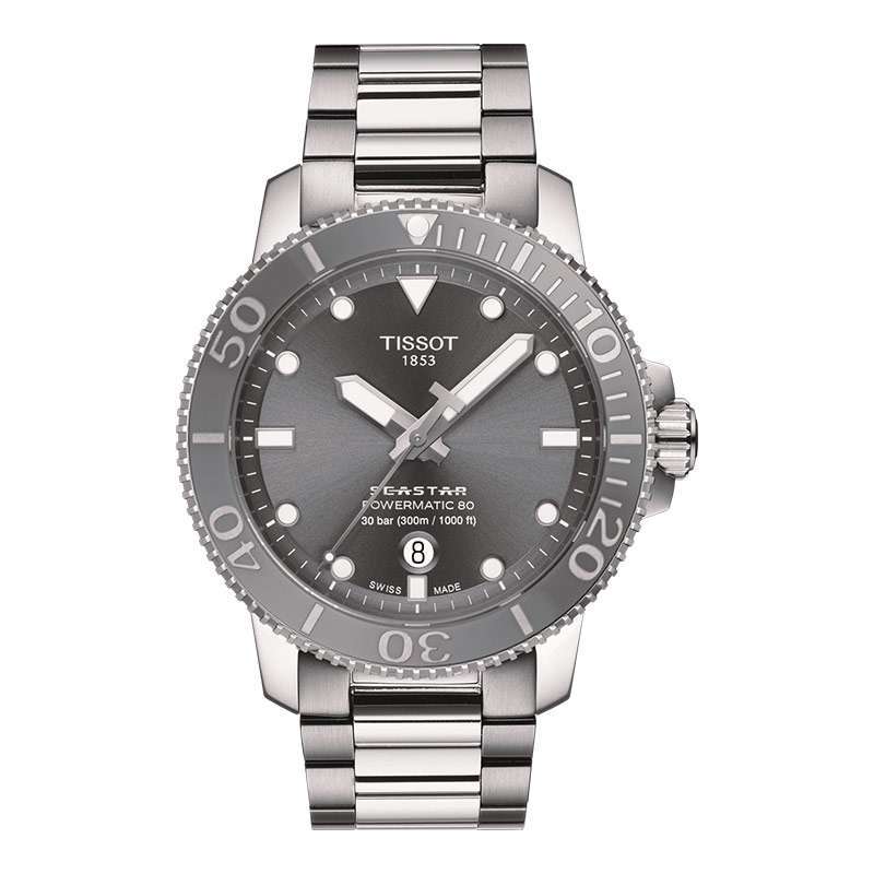 Jam Tangan Pria TISSOT T Sport T120.407.11.081.01 Seastar 1000 Powermatic 80 Men Grey Dial Stainless Steel Strap