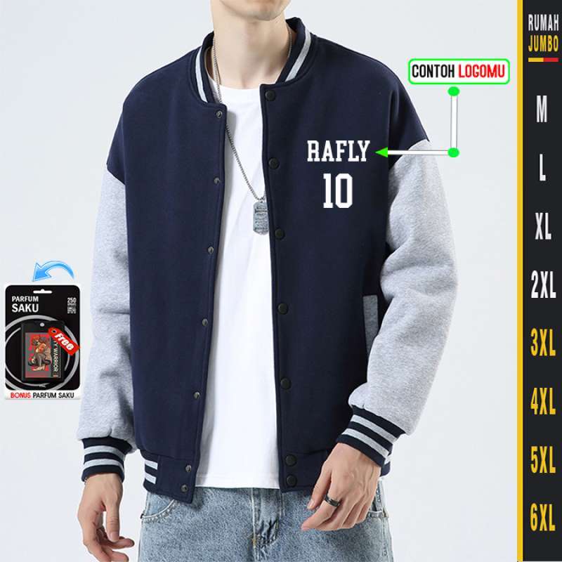 JAKET VARSITY PRIA NAVY ABU ABU M 6XL CUSTOM JAKET VARSITY KANCING OVERSIZE