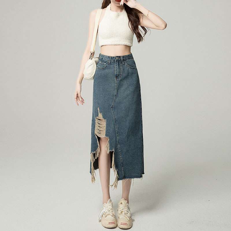 2023 Baru Highwaist Rok Jeans Fashion Robek Rok Midi