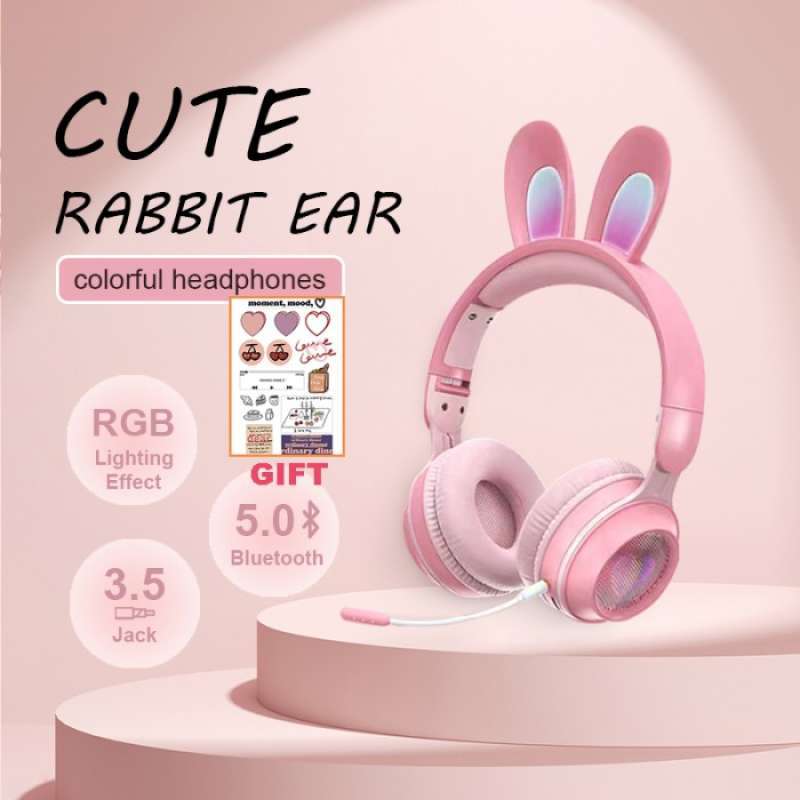 Headset Gaming Bluetooth Headphone Cat Ear Telinga Kelinci Cewek Pink