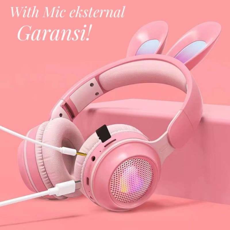 Headset Gaming Bluetooth Headphone Cat Ear Telinga Kelinci Cewek Pink
