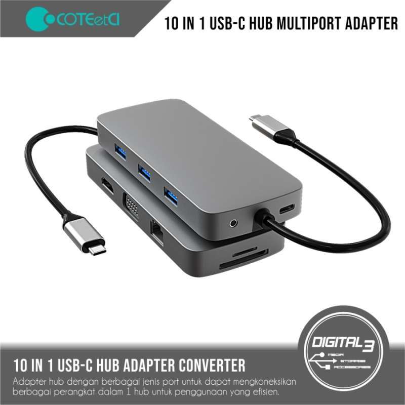 Coteetci 10 in USB-C HUB Adapter SD Card Reader VGA HDMI RJ45 AUX