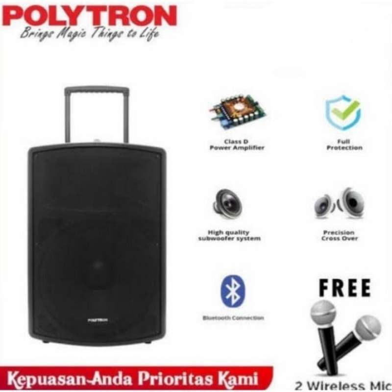 POLYTRON PASPRO12F3 Bluetooth Karaoke Speaker with Dual Power, 12 Inch Woofer, Wheels, Handle, and Free Mics. Perfect for Party Enthusiasts