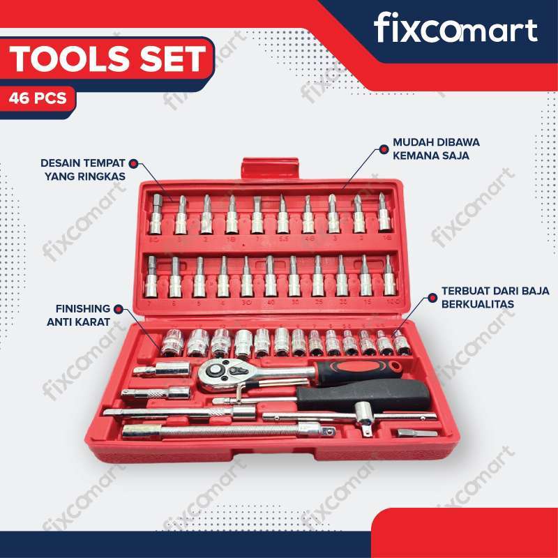 Promo Fixco Kunci Sok Set 46 Pcs Obeng Socket Set Wrench Tool Set
