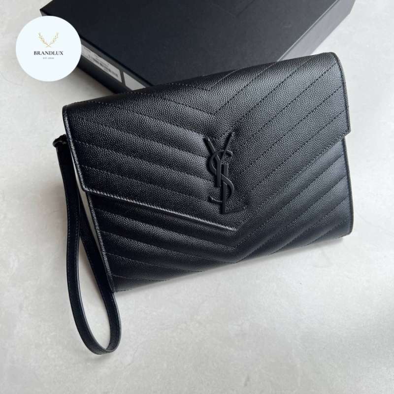 Yves Saint Laurent monogram clutch with wristlet in all black bhw 100 Authentic