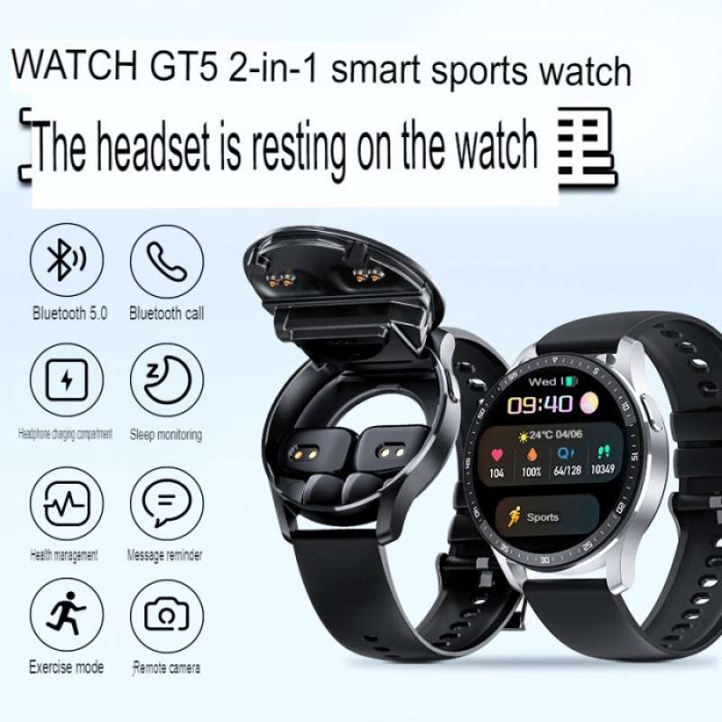 Smartwatch TWS 2 in 1 Amoled Anti Air IPX 67 Jam Tangan Earphone GT 5 Hitam