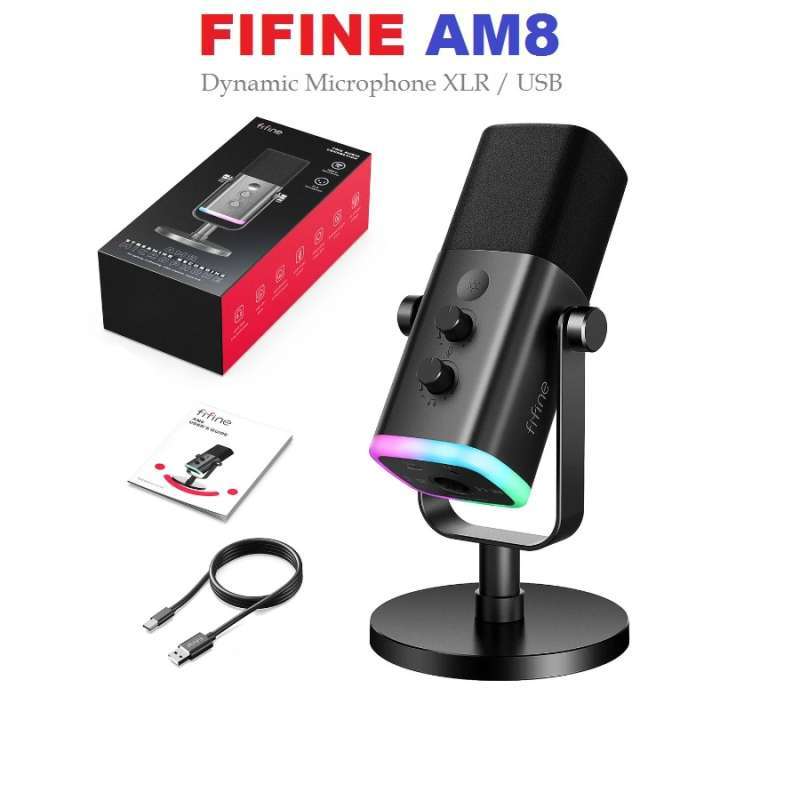 Fifine Ampligame AM8 RGB USB/XLR Dynamic Mic, Cardioid Polar Pattern, USB  Type-C to Type-A 2.0/XLR, Touch-Mute, Foam Cover, Controllable RGB  Lighting, Black