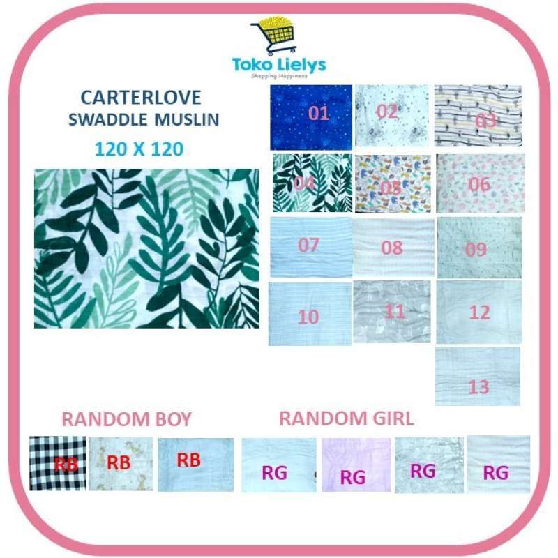 Swaddle Muslin Carterlove 120cm x 110cm Motif Kain Bedong Bayi