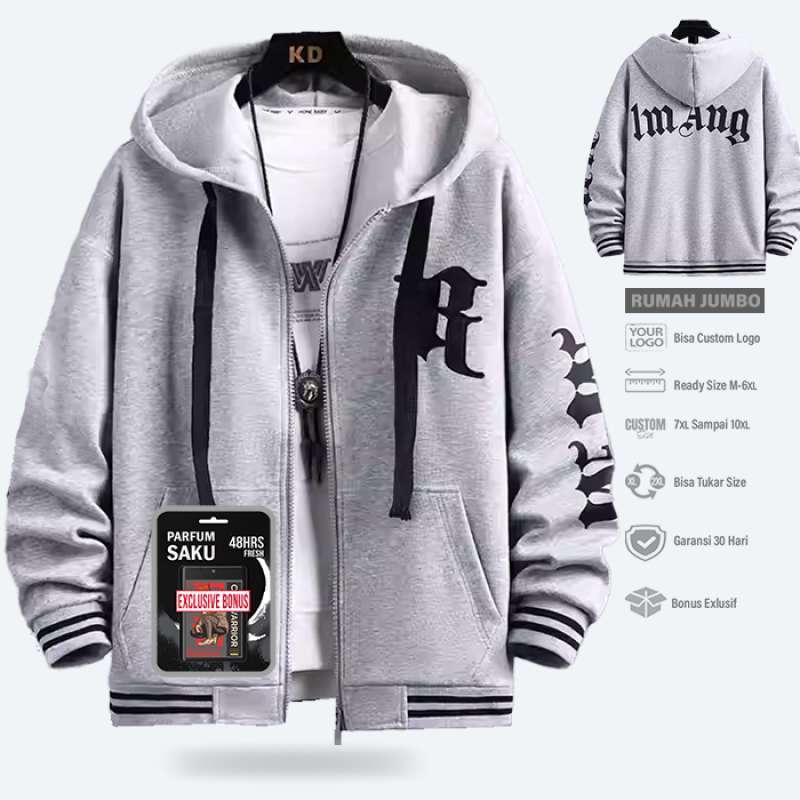 Jaket Hoodie Pria R Abu Abu Hoodie zipper pria Jumbo