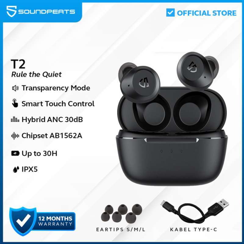 SoundPEATS T2 Hybrid Active Noise Cancelling Wireless Earbuds Black