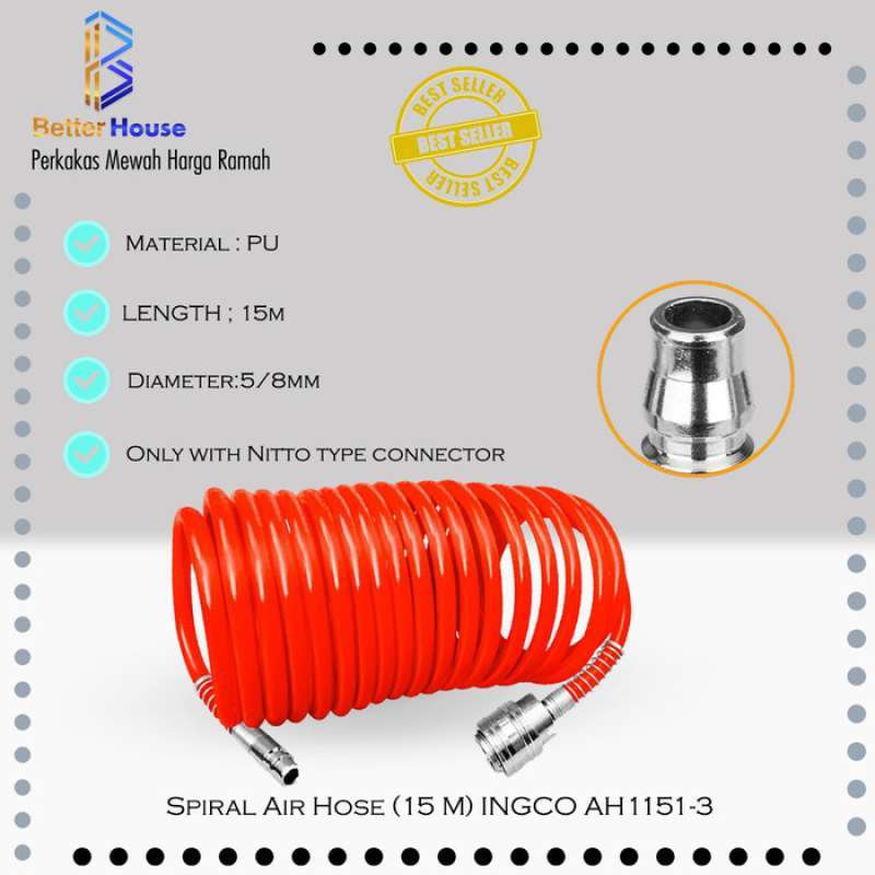 Spiral Air Hose 15 M INGCO AH1151 3 Selang Angin Kompresor Recoil
