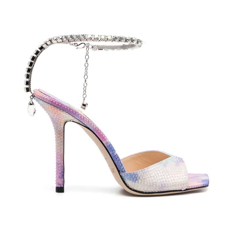 Jimmy Choo Saeda Sandals 100 Crystal Embellished with Crystal Chain Ankle  Strap Wisteria Mix