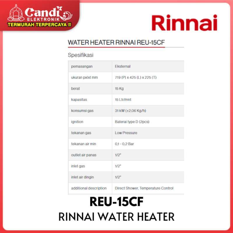 Promo RINNAI Water Heater Pemanas Air Gas 15 Liter REU-15CF Diskon 18% di  Seller Candi Elektronik Official Store - Candi elektronik SR 310 | Blibli