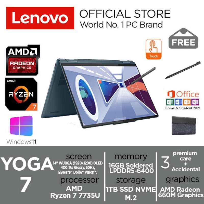 Lenovo Yoga 7 Laptop, 16 IPS Touch 60Hz, Ryzen 7 7735U, AMD Radeon, 16GB,  1TB, Win 11 Pro 