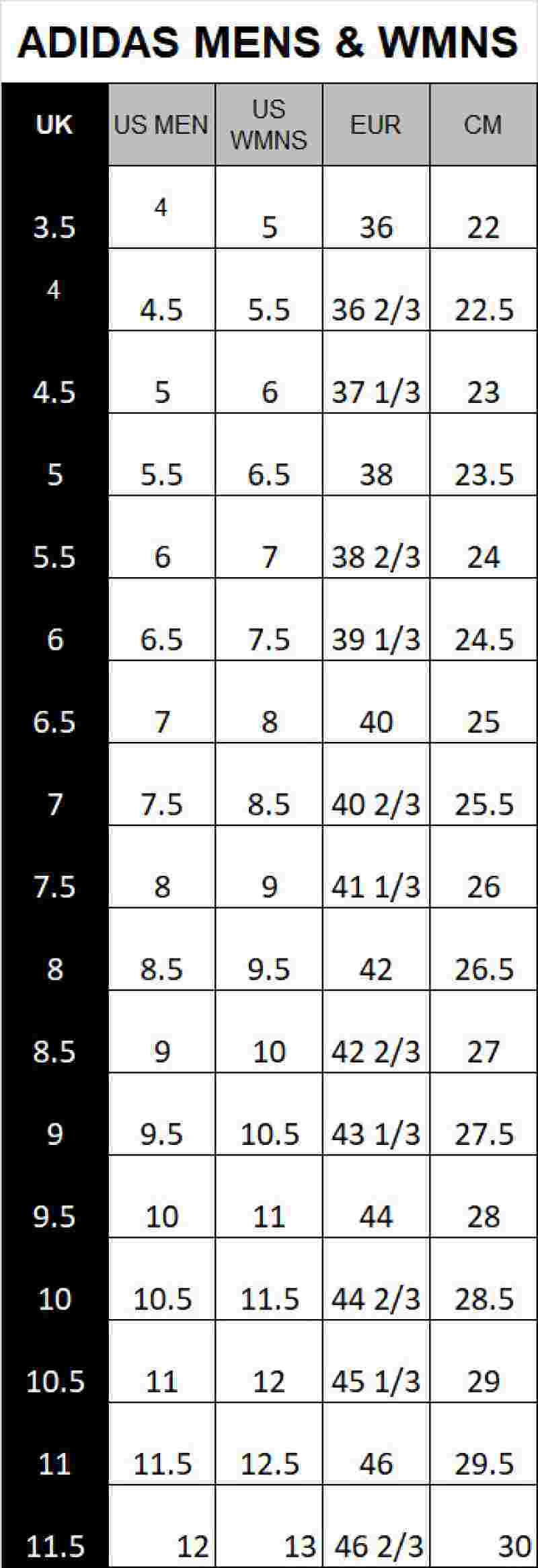 Size chart adidas ultra boost online