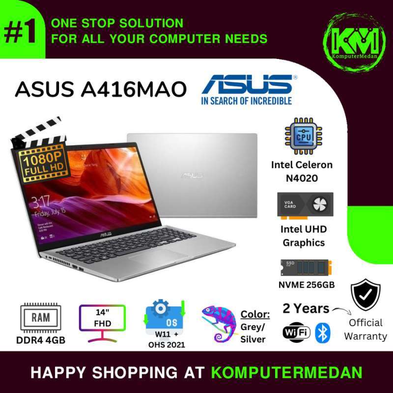 ASUS A416MAO di Medan untuk Pelajar dan Profesional dengan Layar 14 Inci FHD, RAM 4GB, SSD 256GB, Windows 11, dan Backlit Keyboard