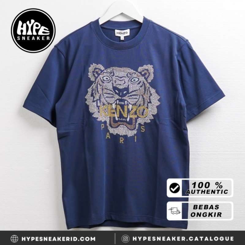 Jual Kaos KENZO TIGER SILVER GOLD KNIT EMBROIDERY NAVY Tshirt 100