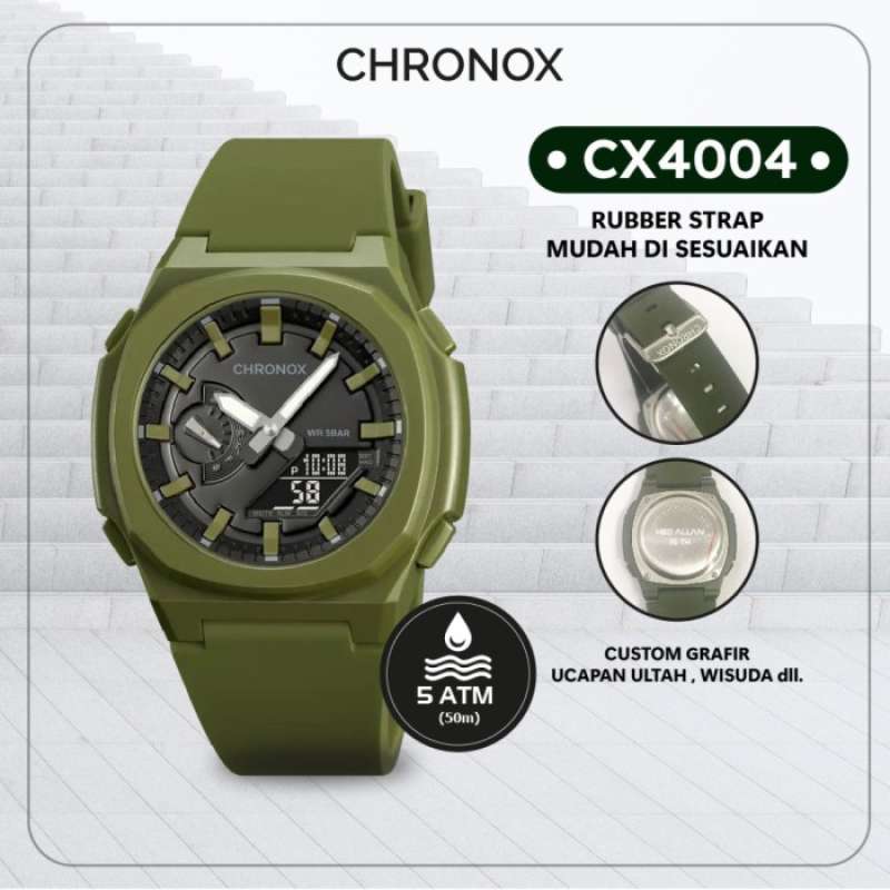 Jam Tangan Analog Digital Pria Wanita Anti Air Original Chronox CX4004  Hijau Army, Tanpa Grafir