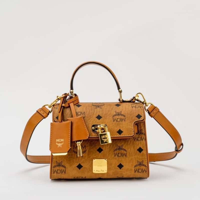 MCM Heritage Satchel Mini Top Handle Bag Cognac