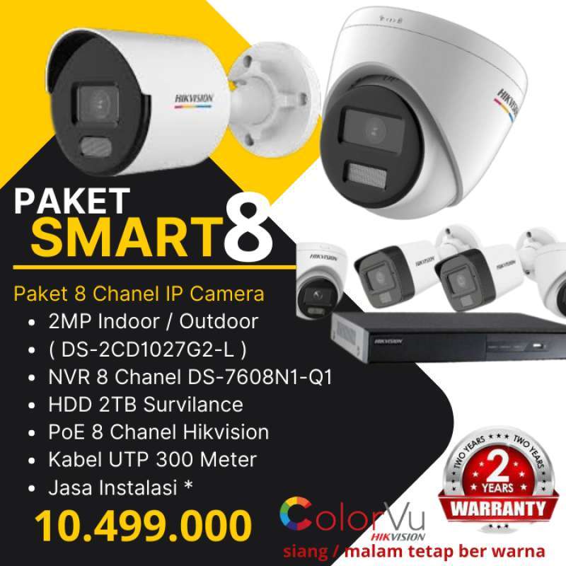 Paket CCTV 8 Chanel IP Camera 2MP Hikvision ColorVu Termasuk Jasa Instalasi