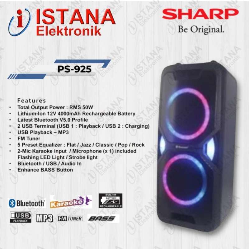 Jual SHARP PARTY SPEAKER AKTIF PORTABLE SYSTEM BLUETOOTH PS-925 di Seller  Istana Elektronik Palembang - 20 Ilir I, Kota Palembang | Blibli