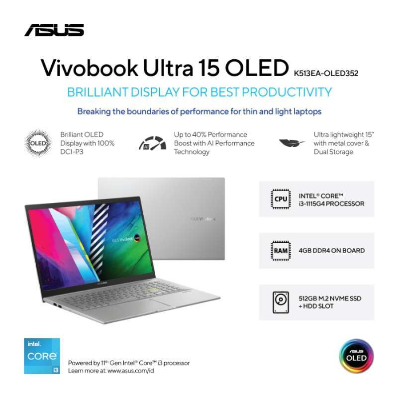 ASUS VivoBook Ultra 15 dengan Layar 15.6 Inci OLED dan Intel Core i3, RAM 4GB, SSD 512GB. Cocok untuk Produktivitas Mahasiswa dan Profesional di Medan