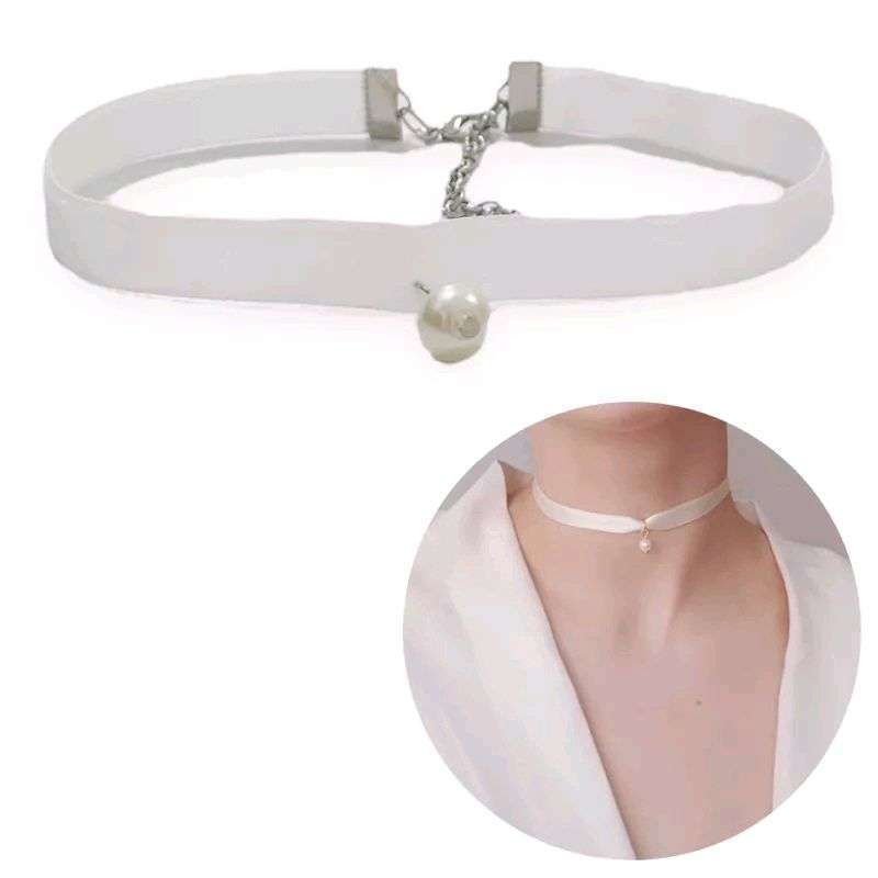 Jual White Velvet Choker with a White Pearl Kalung Korea Pita