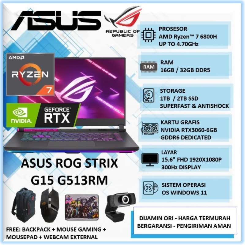 LAPTOP GAMING ASUS ROG STRIX G15 G513RM RYZEN DDR5 RTX3060 300Hz  ECLIPSE GREY