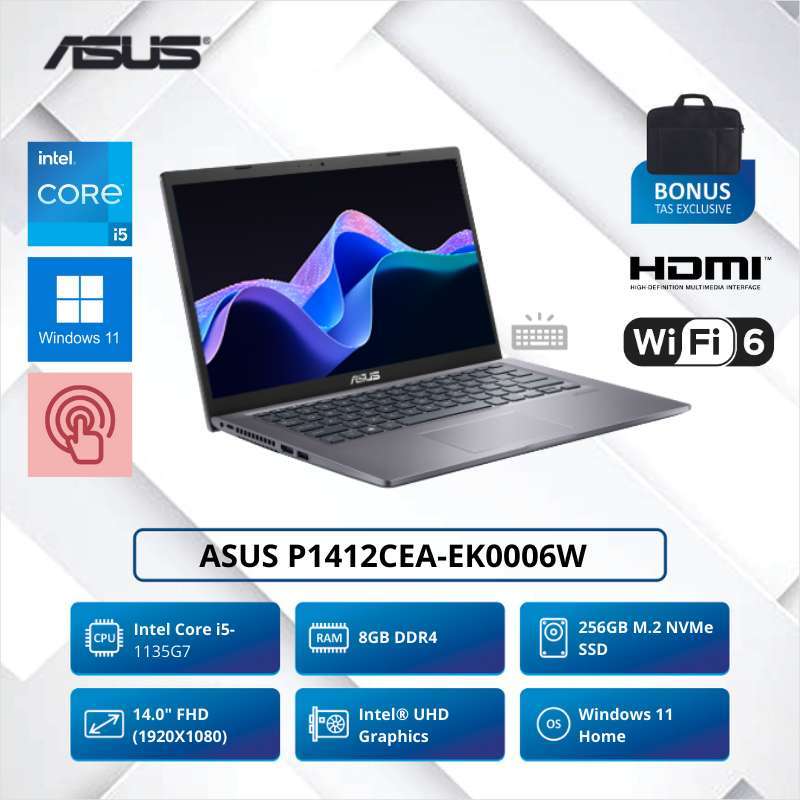 LAPTOP BARU TERMURAH ASUS TKDN P1412CEA EK0006W INTEL CORE I5 1135G7 8GB SSD 256GB 14 INCH FULL HD FINGERPRINT BACKLIT KEYBOARD GARANSI RESMI 3 TAHUN