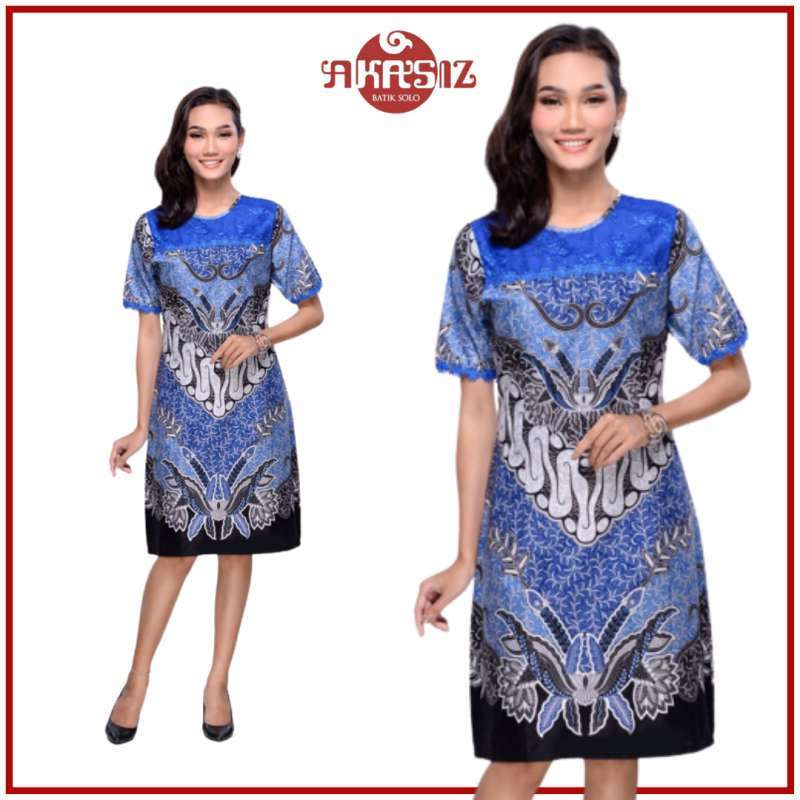 DB01 Dress Batik Wanita Midi A Line Kombinasi Broklat Modern Lengan Pendek