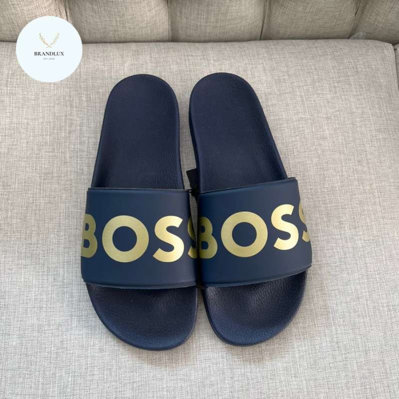 Hugo Boss slides sandals navy logo gold with tag 100 Authentic