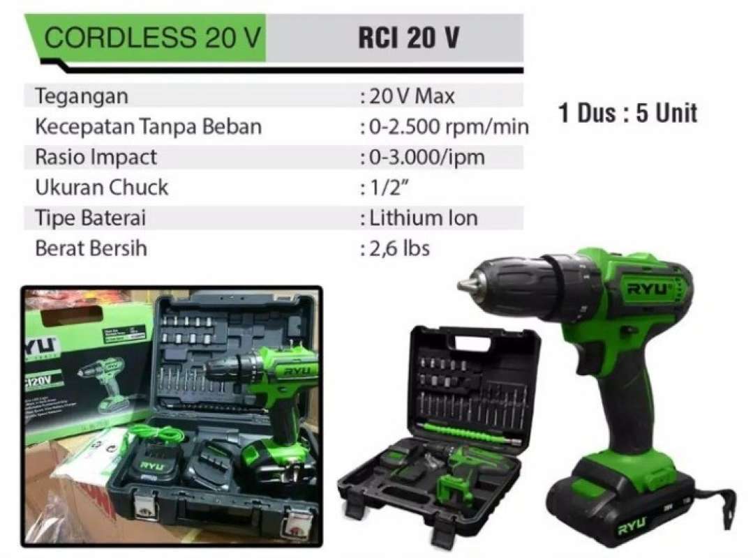 RYU RCI20V Cordless Impact Drill 20 Volt Mesin Bor Baterai Cordless