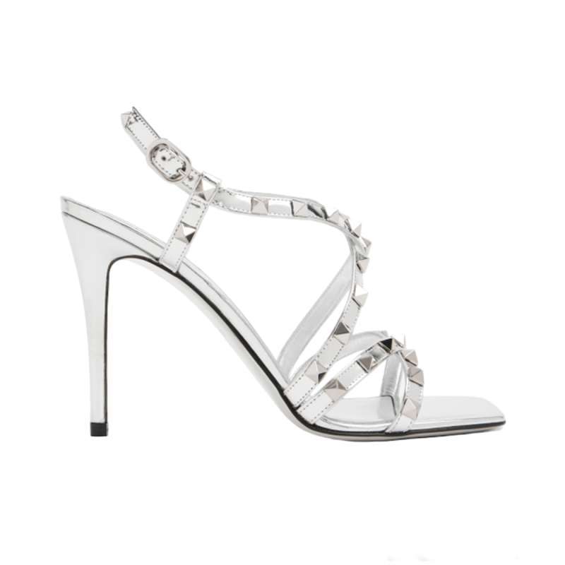 Valentino Garavani Rockstud Mirror Effect Sandal 100mm Heels with Straps Silver