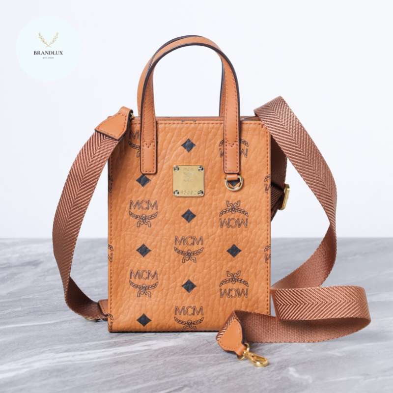 MCM X Mini Aren Tote Bag in Cognac Visetos Leather 100 Authentic