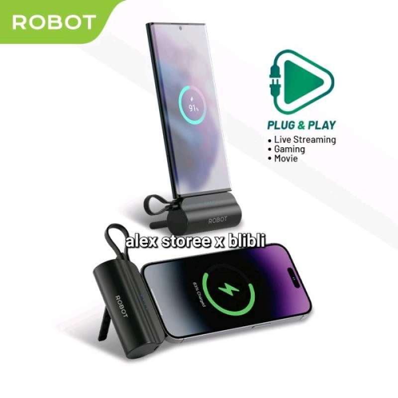 Robot Power Bank Mini Travel 4500mAh Kabel Lightning Type C Stand