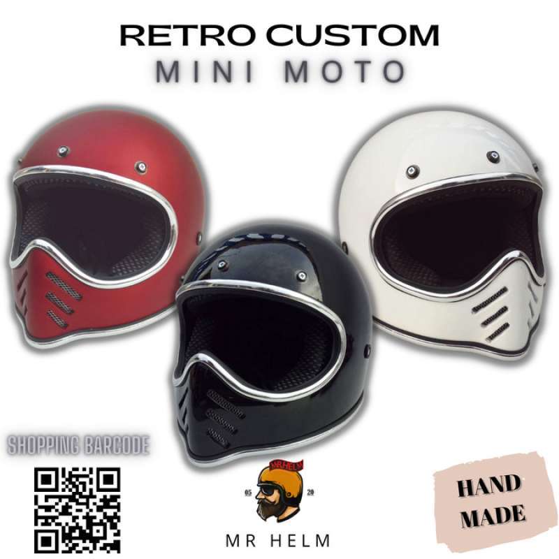 Promo HELM CUSTOM RETRO CAKIL MINI MOTO 3 WITH LIST CHROME MR