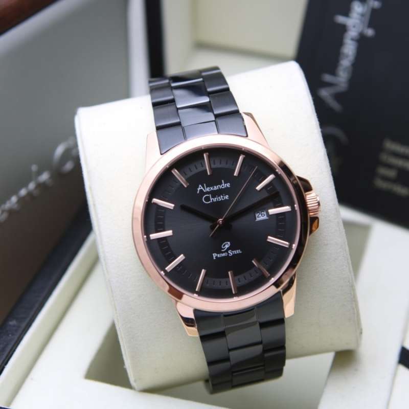 Jam Tangan Pria Cowok Alexandre Christie AC 1034 1034 Original Tanggal Aktif Tali Rantai Black Rosegold