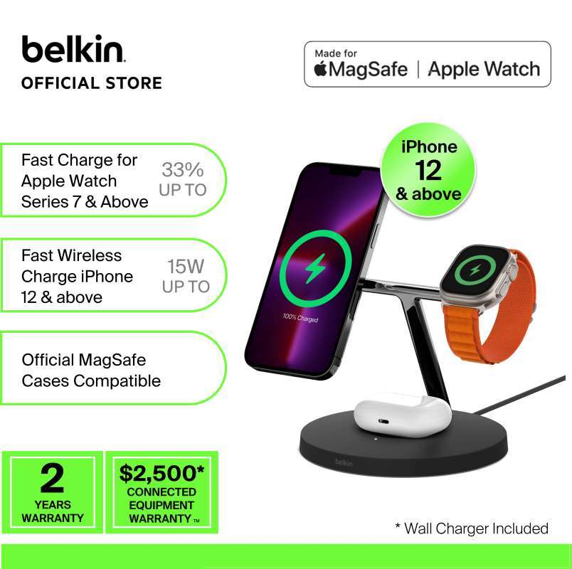 Belkin WIZ017kr Black BoostCharge Pro 3in1 Wireless Charger with MagSafe  15W+adapter (iPhone 14/13/12, Apple Watch, AirPods)
