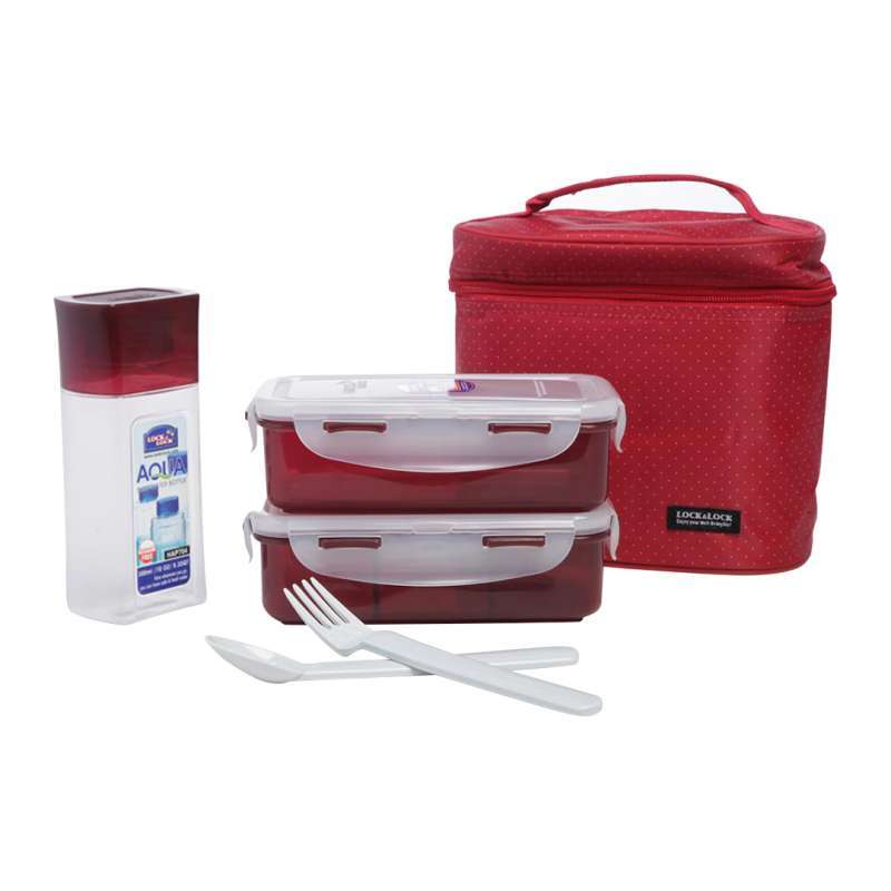 LOCK & LOCK Lunch Box 3 Pcs Set with Dotted Pattern Bag HPL758S3DR - Red