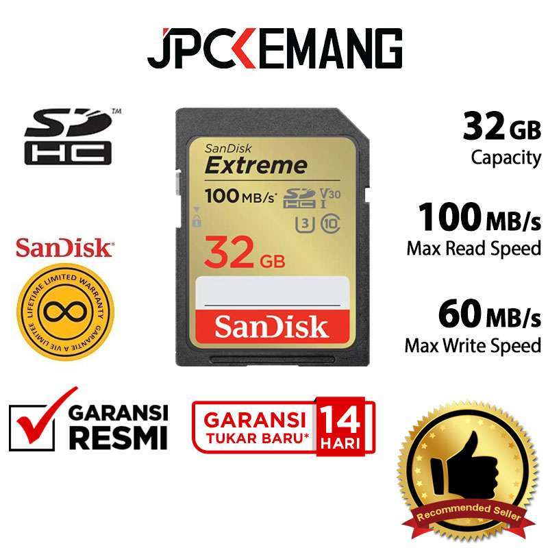 JPC KEMANG SanDisk Extreme SDHC 32GB 100MB/s UHS-I SD Card Sandisk Extreme  32 GB 100MBs GARANSI RESMI