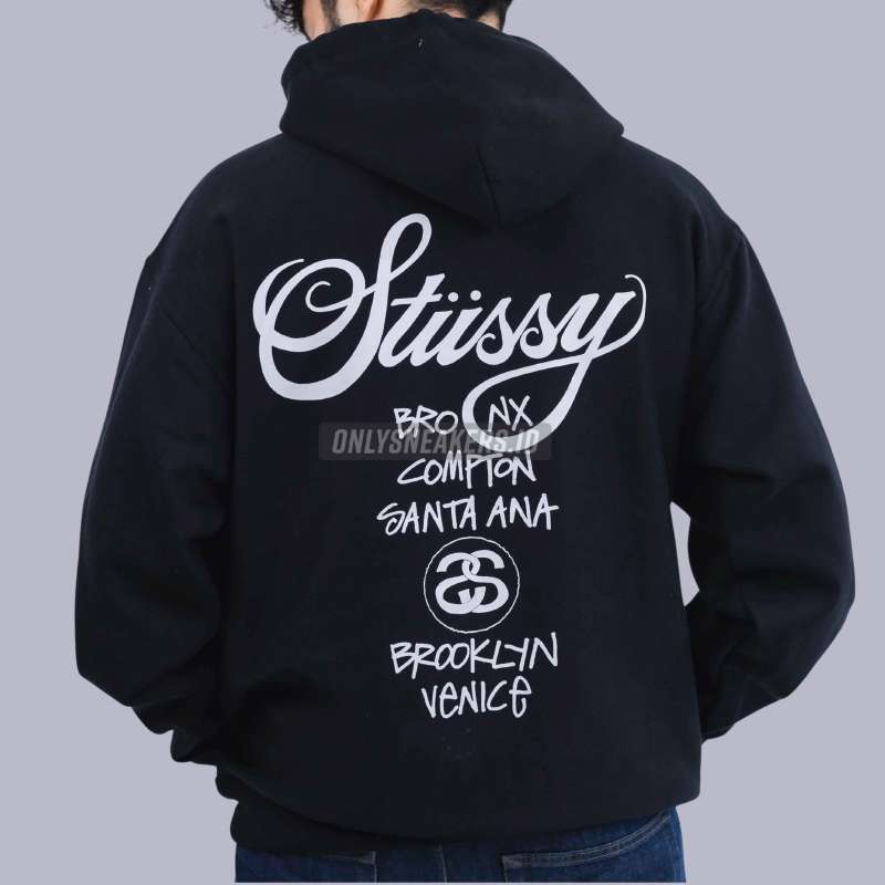 Jual STUSSY WORLD TOUR BLACK HOODIE 100 AUTHENTIC L di Seller